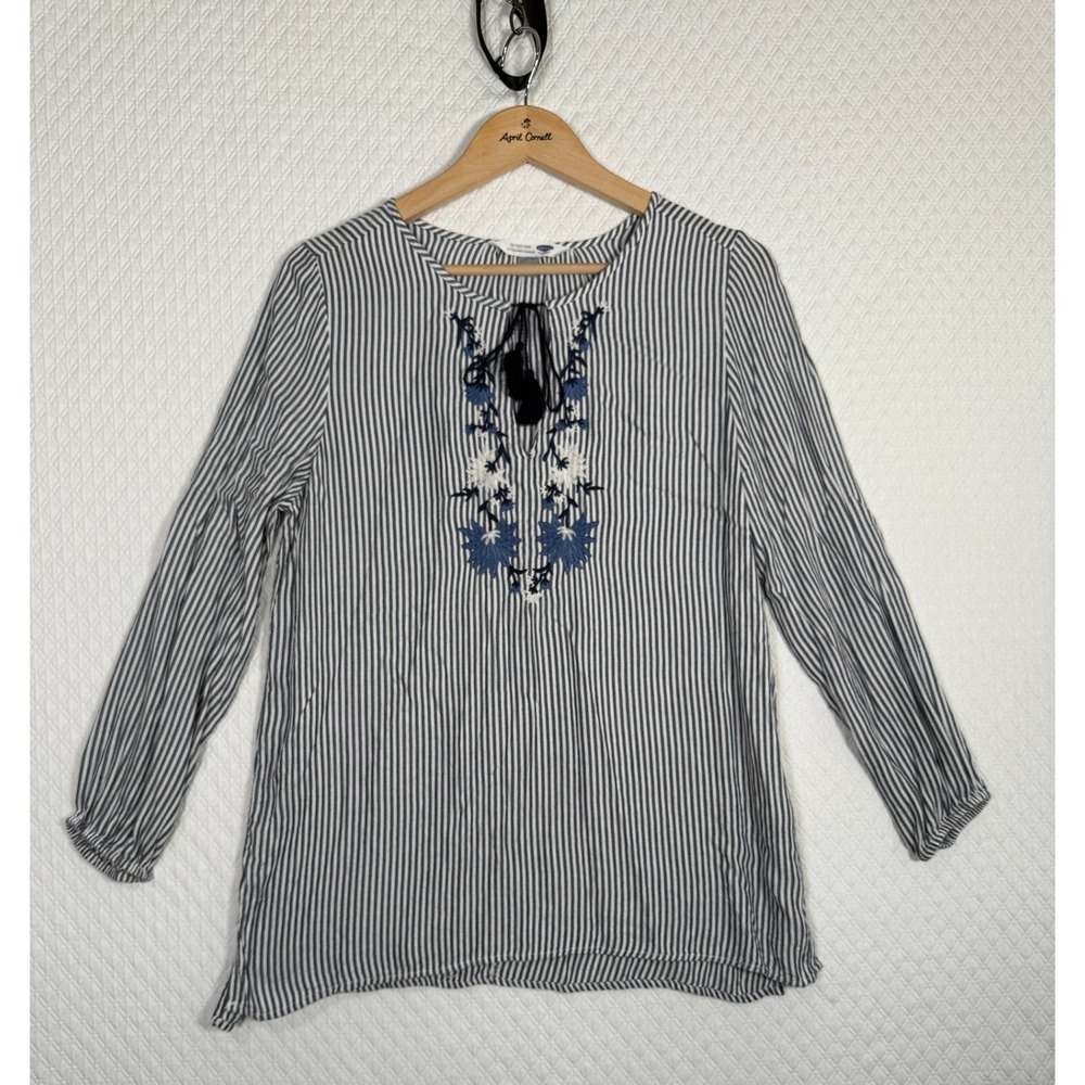 Blue White Striped Embroidered Tassel Tunic Top Womens M Nautical USA Old Navy‎